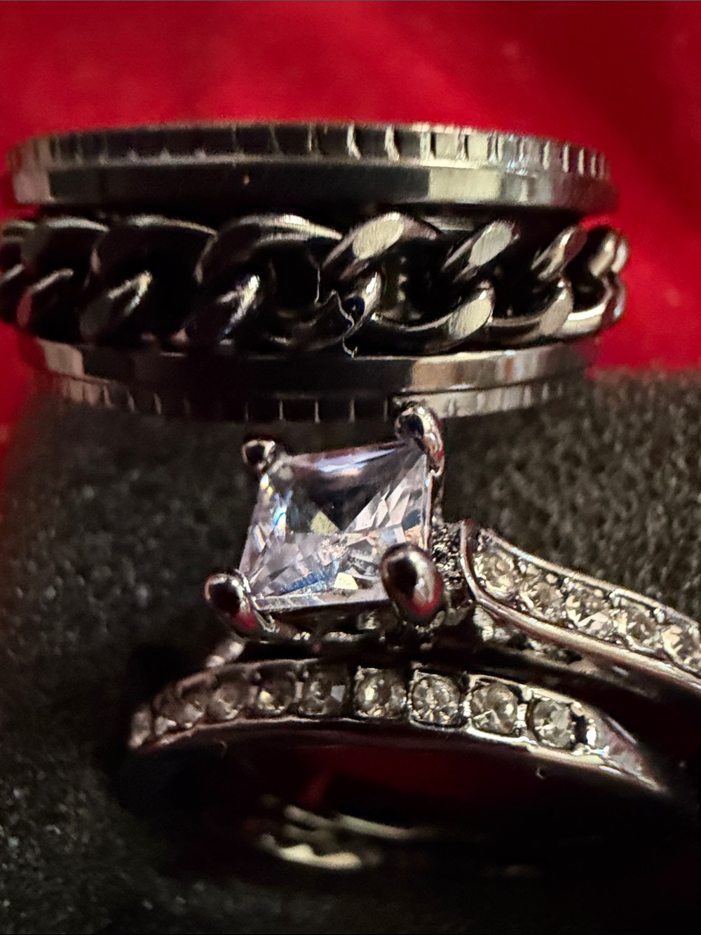 Black Men’s, SZ 10, Chain-Detail Band, SZ 8.5 Engagement Ring Set, (J296)